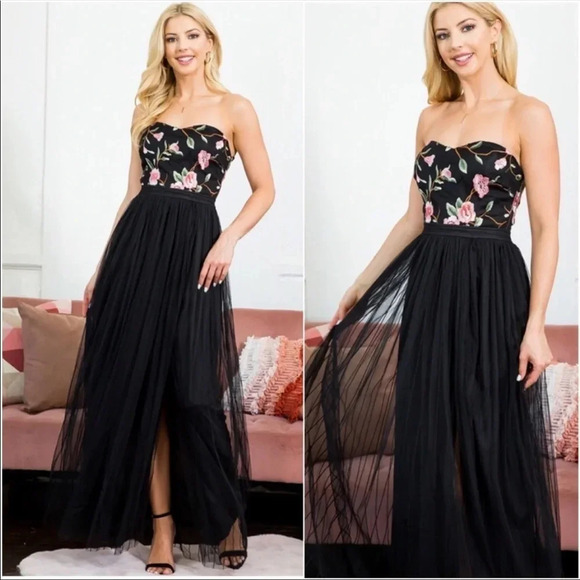 Black Floral Chiffon Maxi Dress | Strapless Sweetheart Slit Evening Gown - Picture 5 of 9